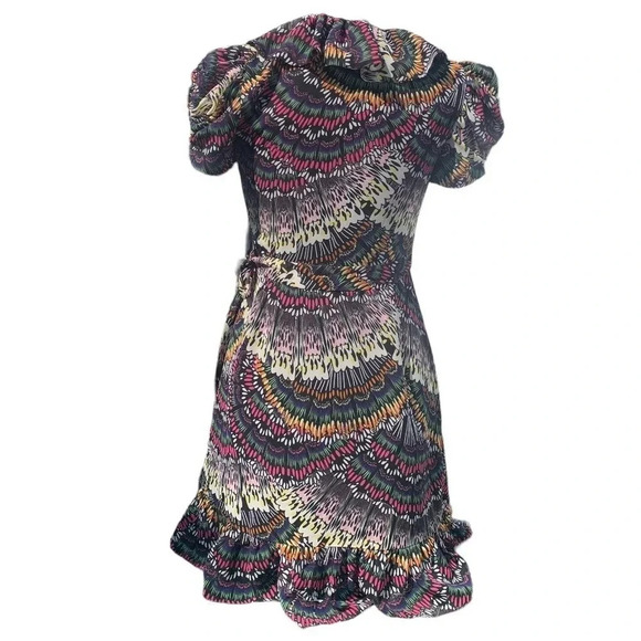 Jill Stuart Women’s Butterfly Pattern Ruffle Wrap Mini Dress Puff Sleeve Size 2 - Picture 4 of 7